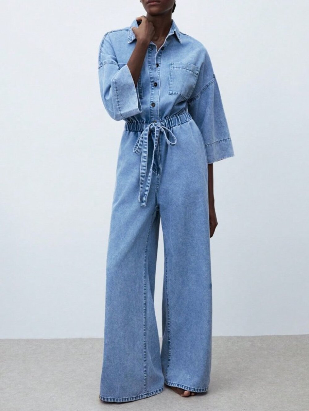 Light Blue Denim Jumpsuit with Drawstring Waist